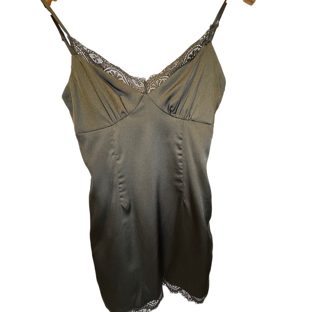 Vintage Princess Polly Black Satin Lace Trim Mini Dress Slip Style Size 2